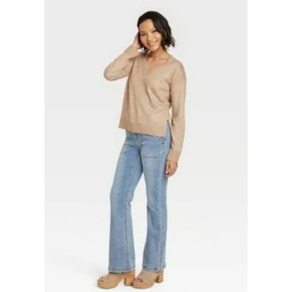 Knox Rose Women's V-Neck Pullover Sweater Tan Medium - Picture 3 of 11